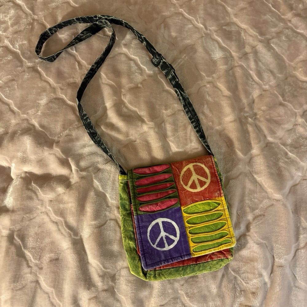 Multicolor Hippie Crossbody Bag with Peace Sign Accent & Adjustable Strap