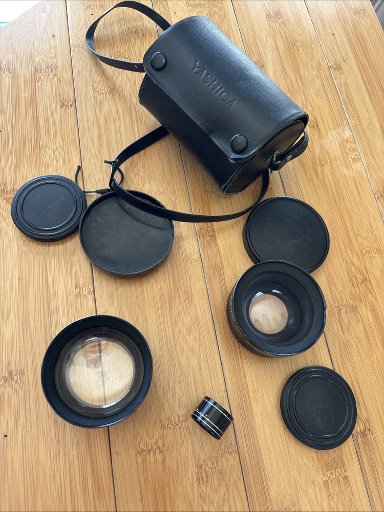 Yashica Case / Yashikor Aux. Telephoto & Wide Angle 1:4 Lenses w/Covers / Japan