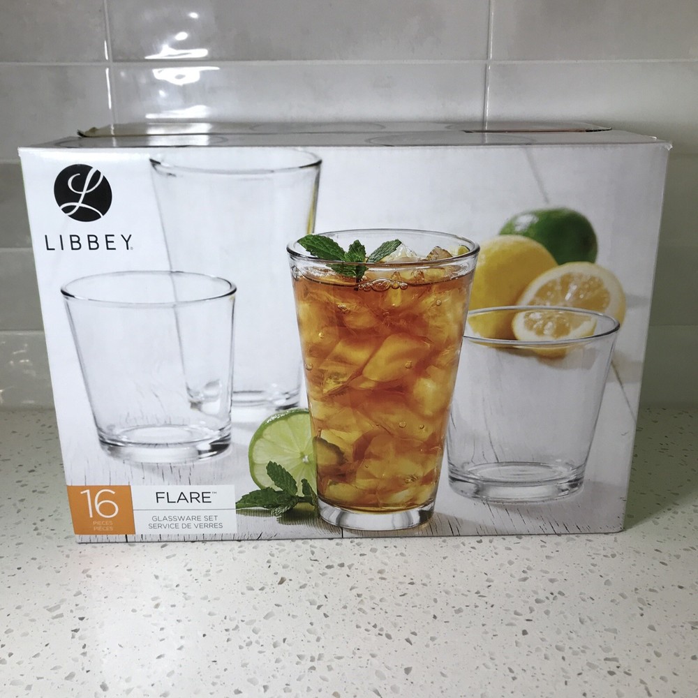 Libbey Flare 16 Piece - 8oz & 16oz Glass Set - New in Box