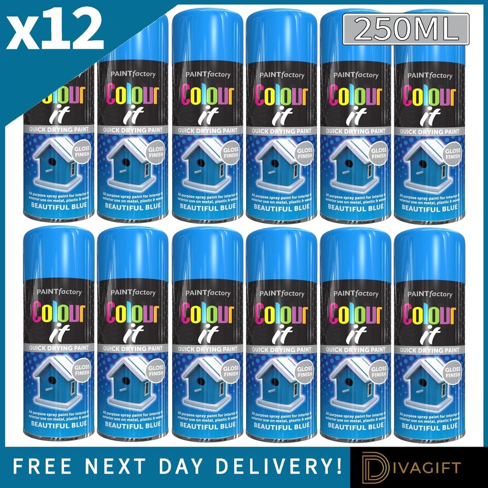 12 x BEAUTIFUL BLUE GLOSS FINISH SPRAY PAINT 250ML FOR METAL WOOD PLASTIC NEW
