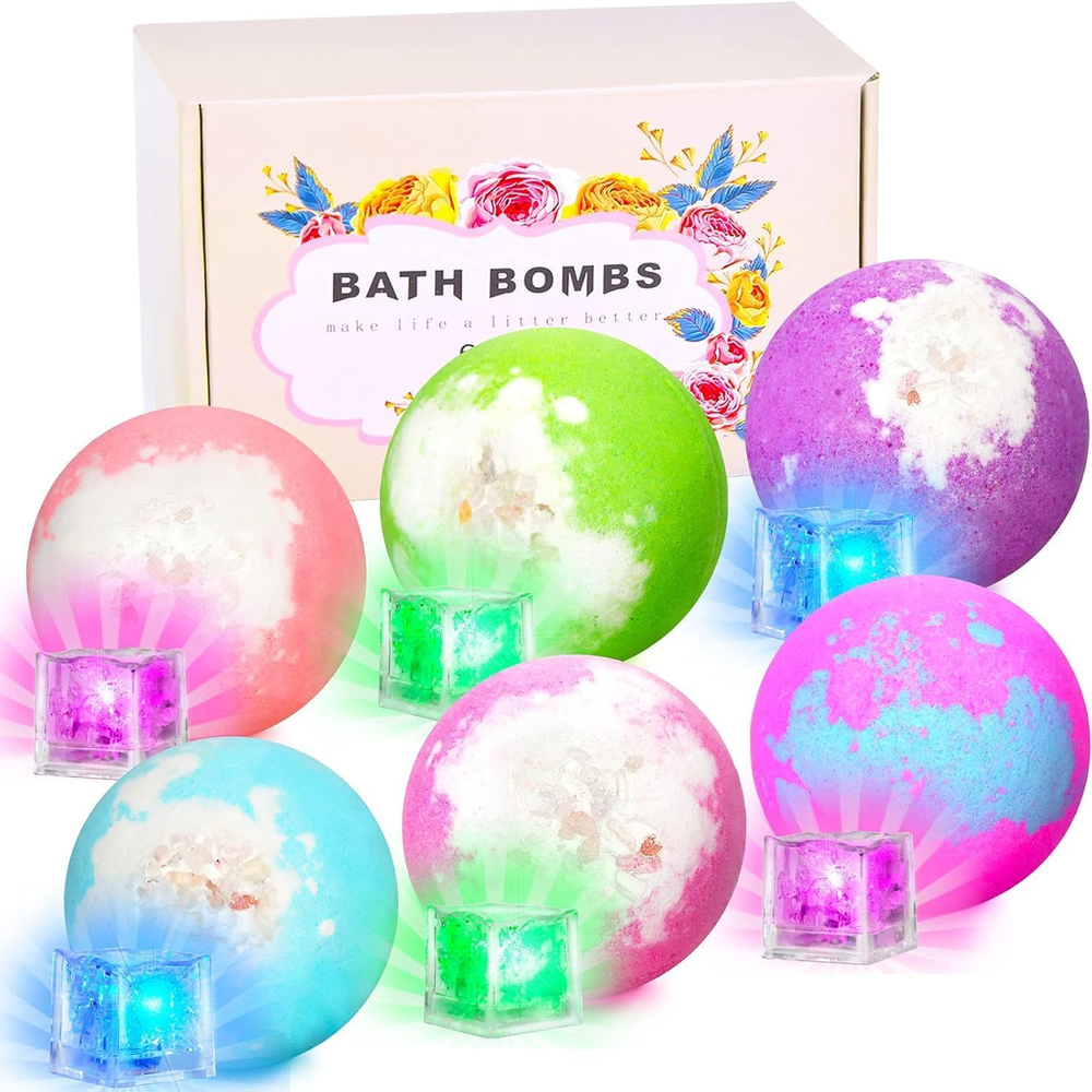 Light up Bath Bombs with Surprise Inside, 4.23 Oz XL Natural Gift Set 6 with Ess