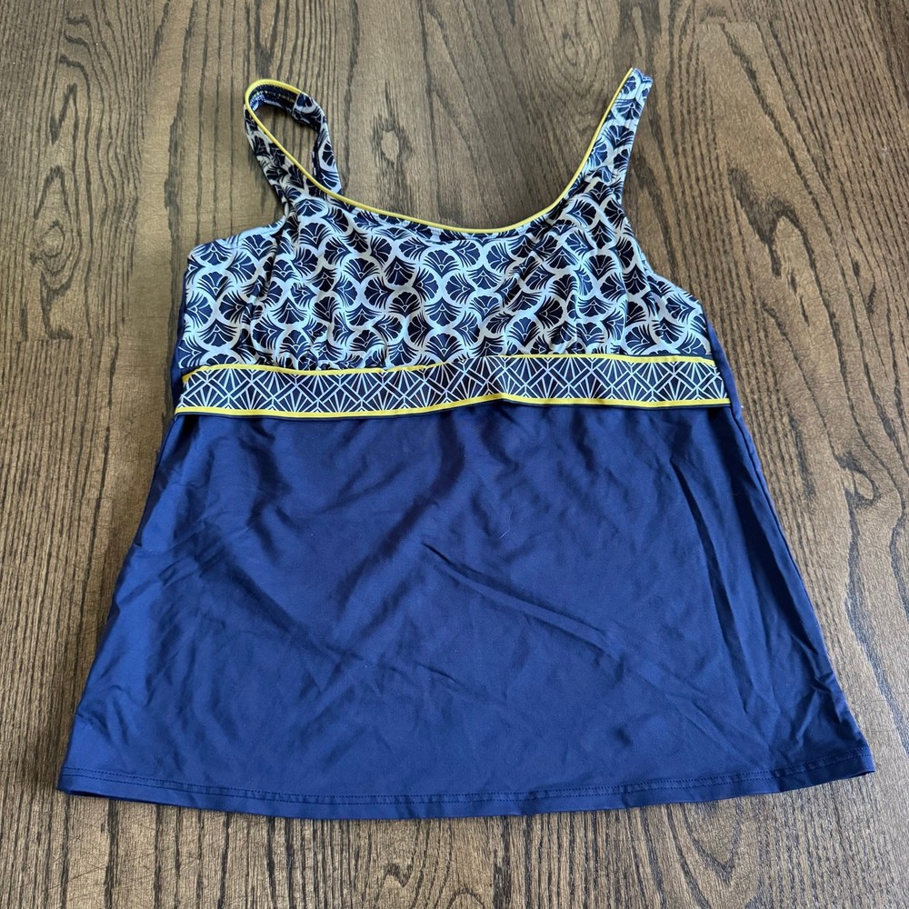 Lands End Womens Navy Blue Yellow Underwire Tankini Swim Suit Top Size 14