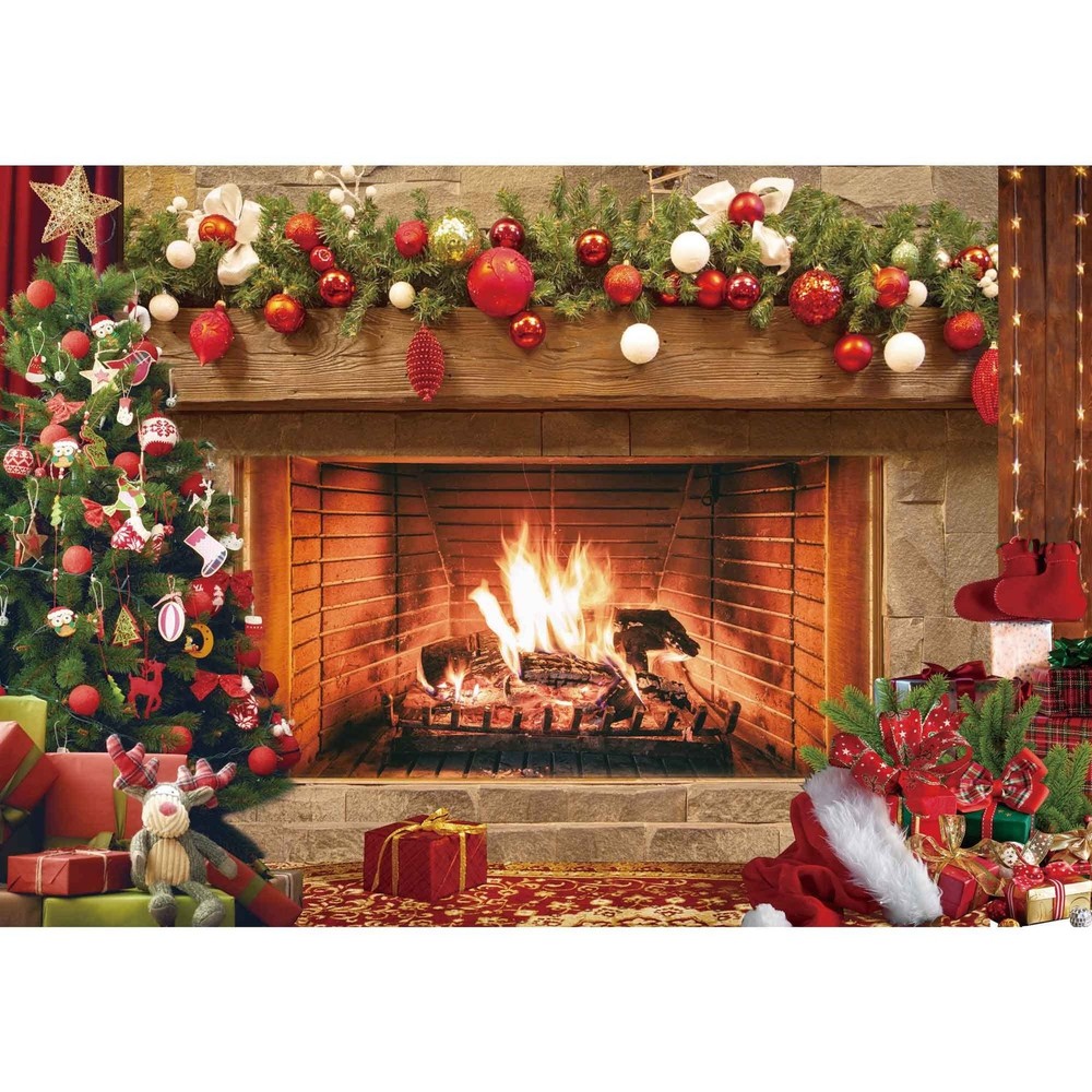 10x8ft Polyester Fabric Christmas Fireplace Backdrop Vintage Xmas Tree Sock B...