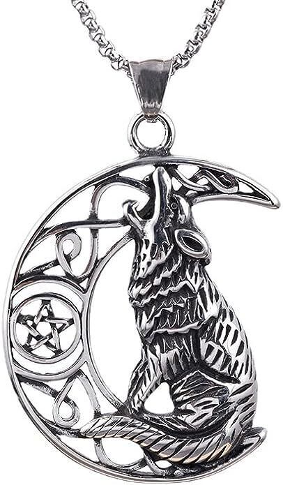 Stainless Steel Hollow Crescent Moon Star and Wolf Style Pendant Necklace Chain