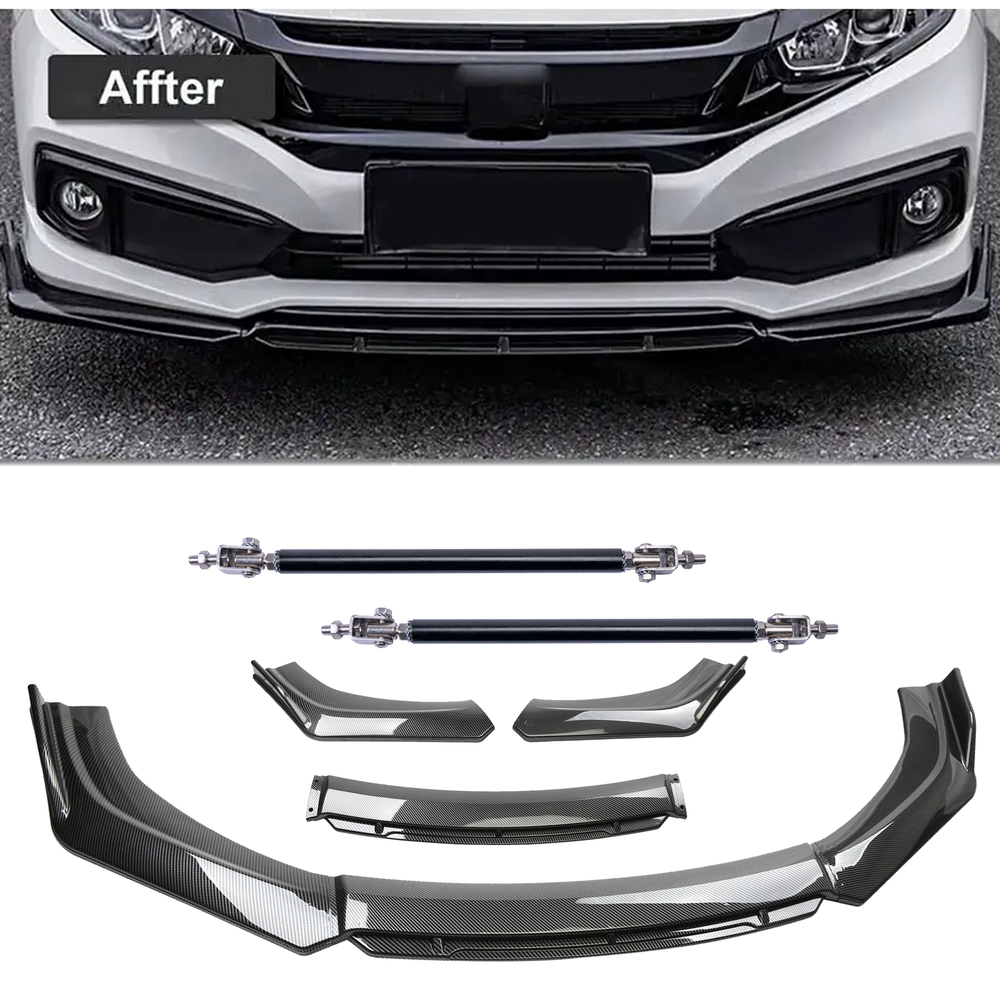 Carbon Fiber Black Front Bumper Lip Chin Body Kit For INFINITI Q50 Q60 Strut Rod