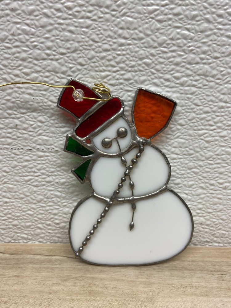 Vtg Stained Glass Snowman Christmas Tree Ornament