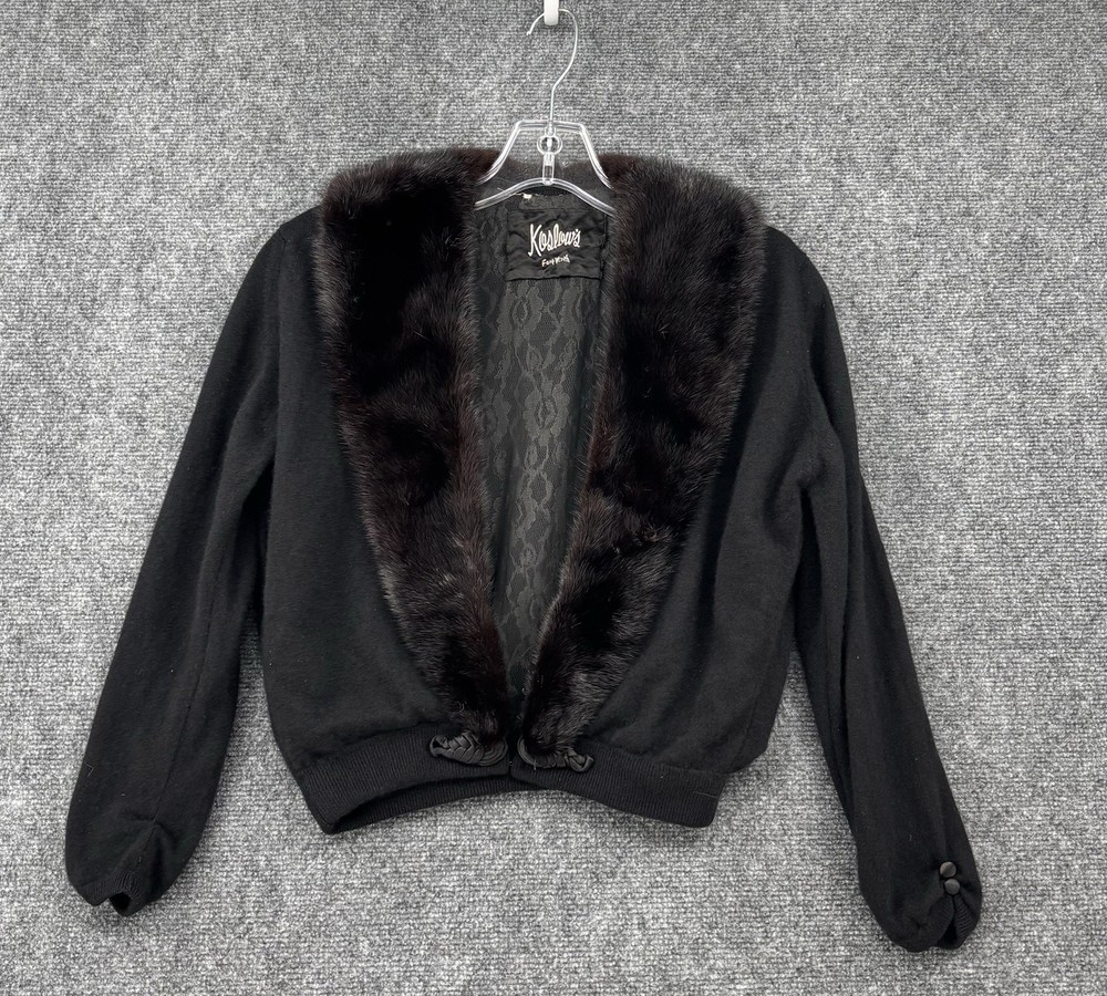 VINTAGE Koslows Fort Worth Fur Collar Cardigan Sweater Women’s XS Black Luxury