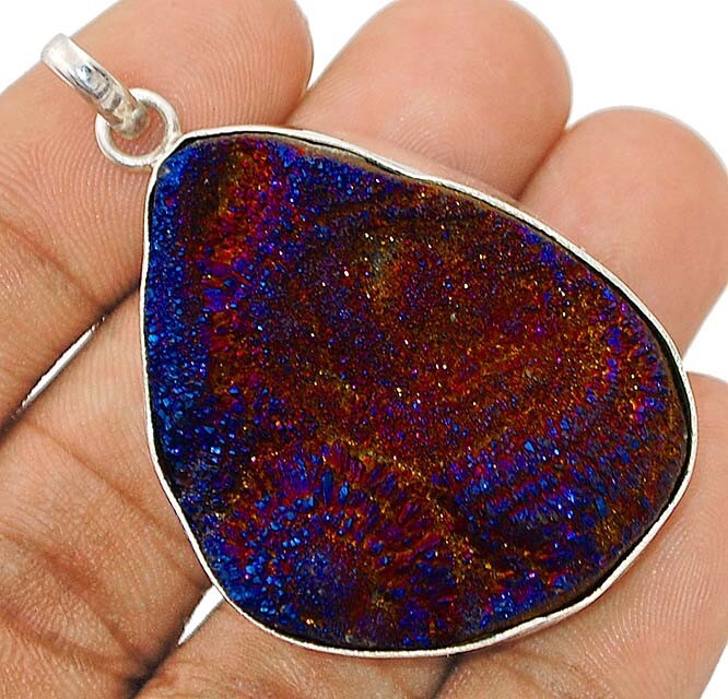 Natural Titanium Rosette Aura Druzy 925 Sterling Silver Pendant Jewelry @13-3