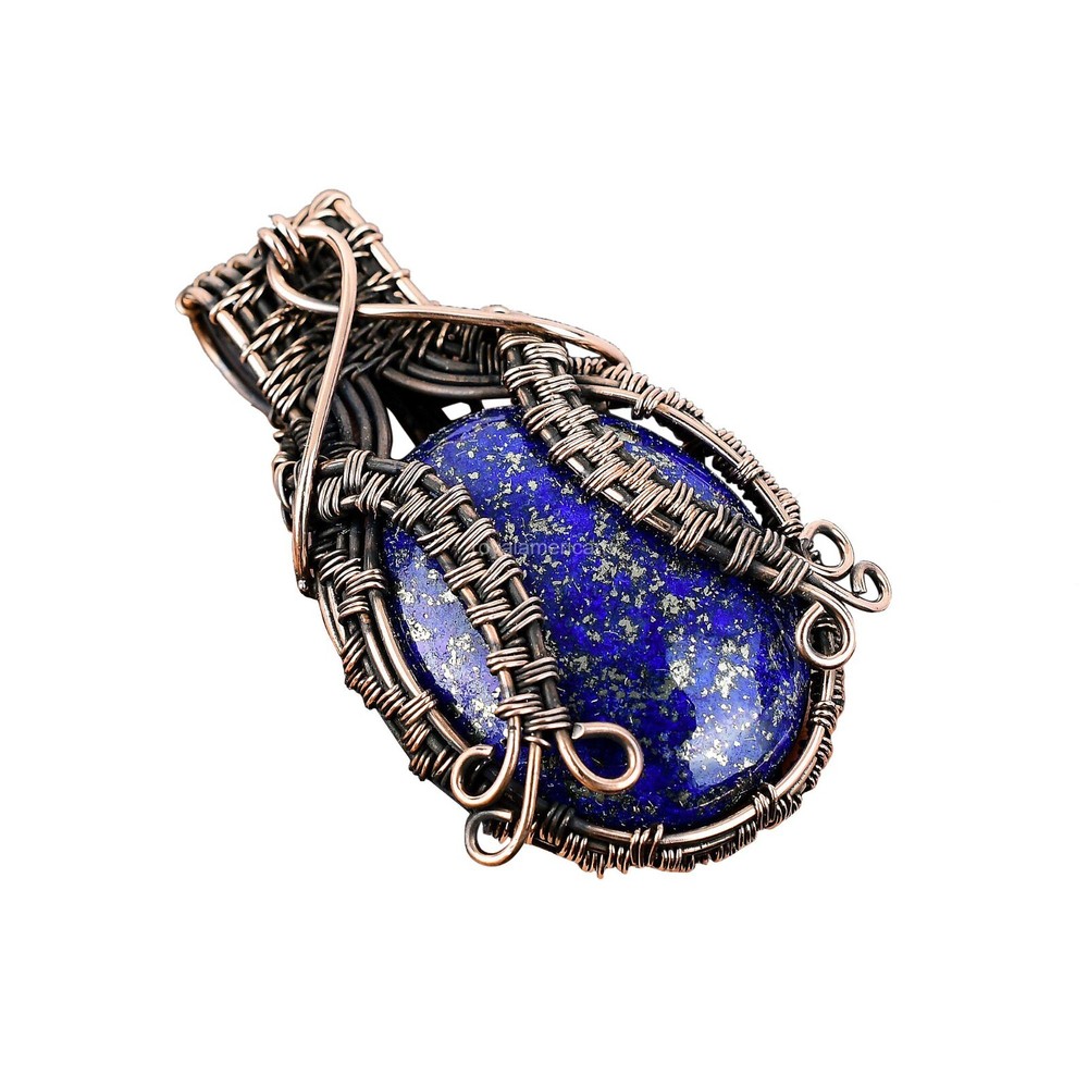 Mothers Day Lapis Lazuli Oval Pendant Copper Wire Wrapped Jewelry-image