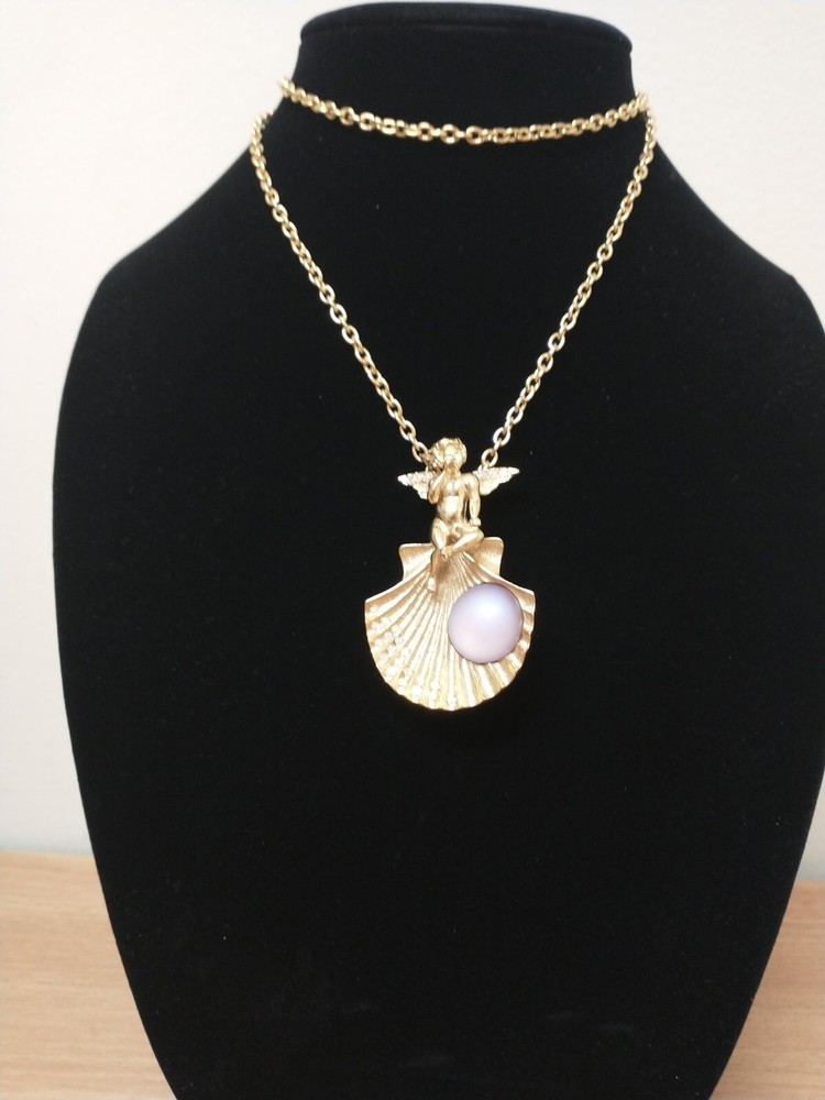 Vintage Kirks Folly Seashell Whispering Angel Gold Tone Necklace Pendant Brooch