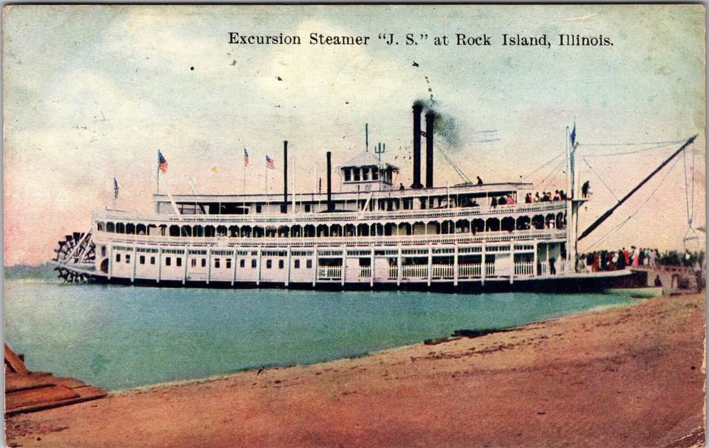 Excursion Steamer J S At Rock Island Illinois c1909 Vintage Souvenir Postcard