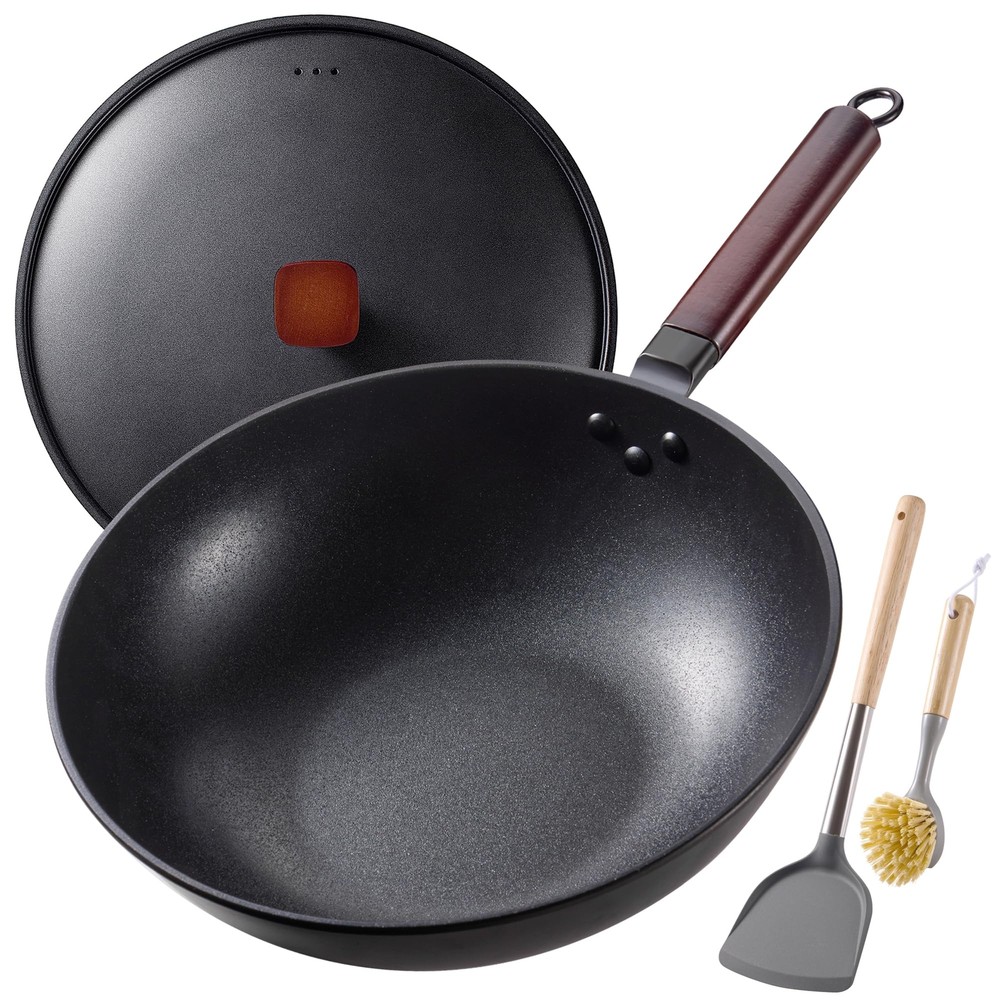 Carbon Steel Wok -13 Inch Woks & Stir-fry Pans Nonstick, Wok Pan with Lid Spa...