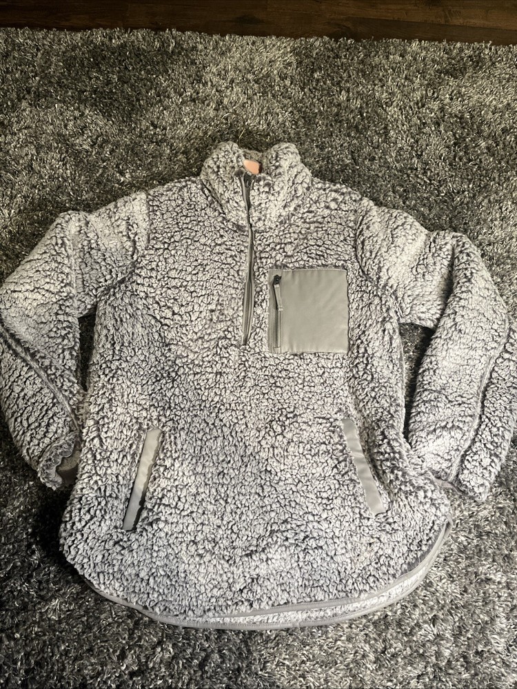 Abercrombie & Fitch Womens Gray Sherpa Vegan Leather Trim Quarter Zip Pullover