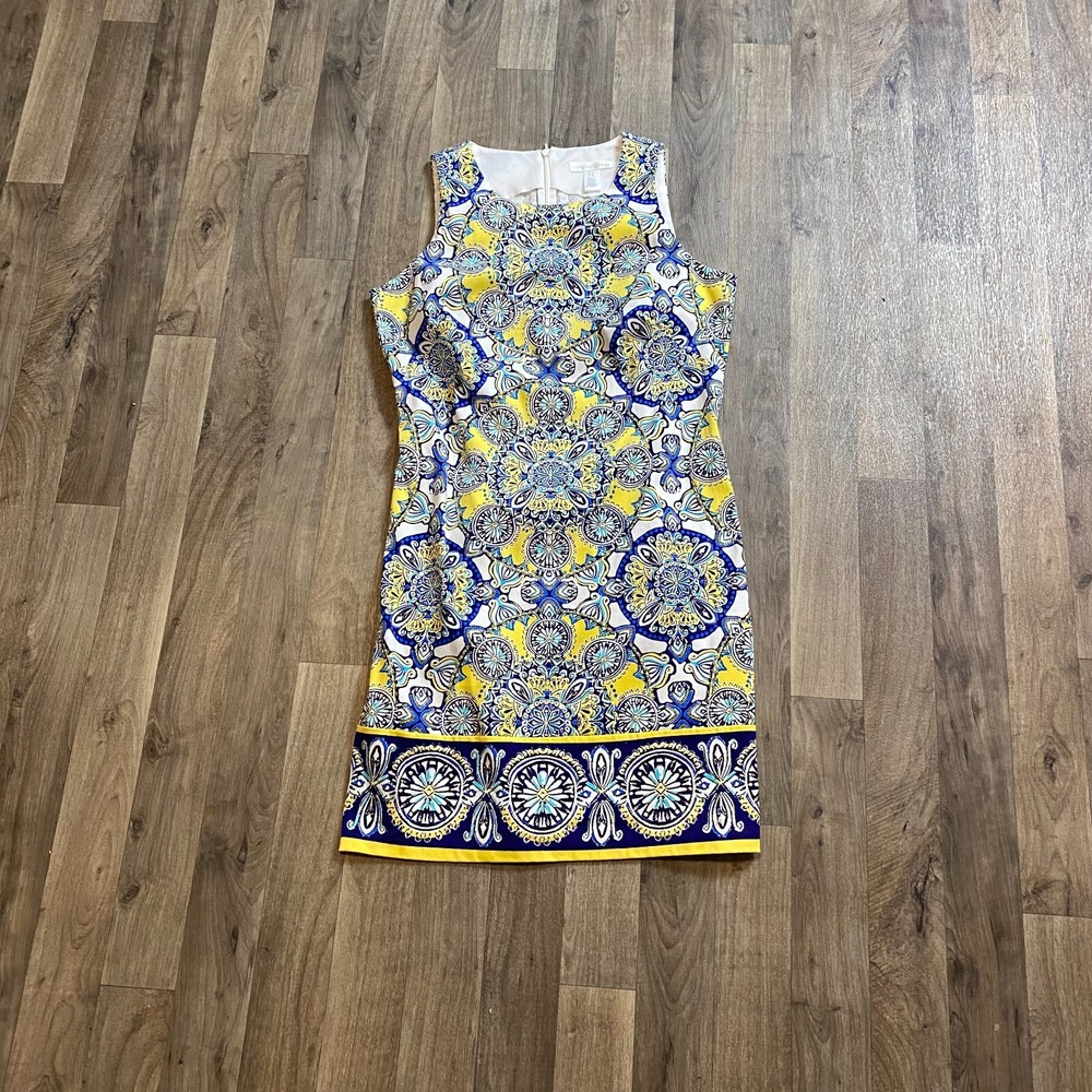 London Times Sheath Dress Size 8 Yellow Blue Geometric Stained Glass Coastal