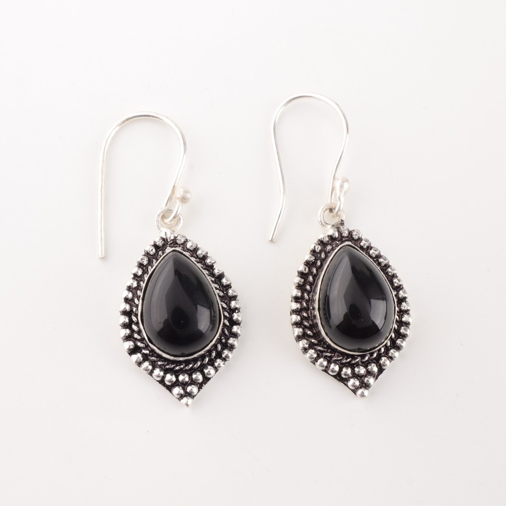 Black Tourmaline 925 Silver Bezel Drop Dangle Earrings for Anniversary