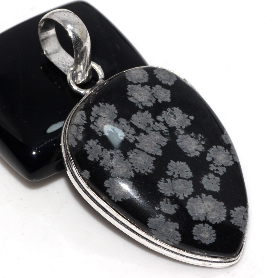 925 Silver Plated Snowflake Obsidian Ethnic Pendant 2 Inch Jewelry