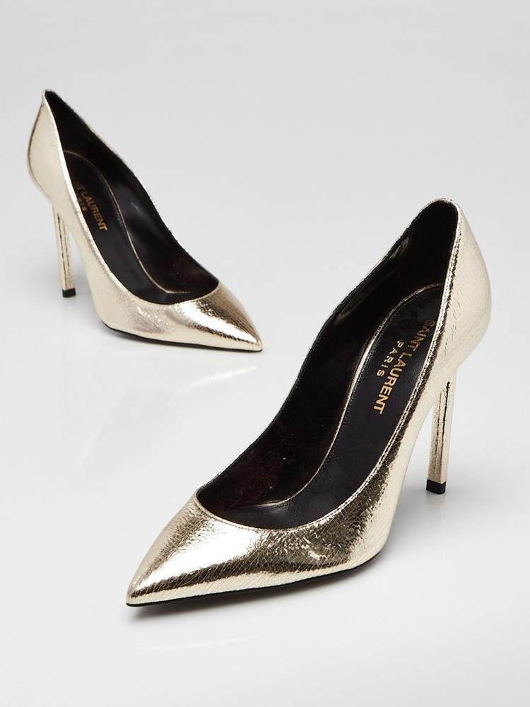 Yves Saint Laurent Gold Crinkled Leather Heels Size 4.5 EU 35