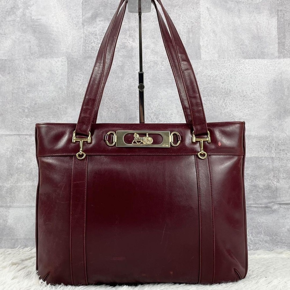 Celine Leather Tote Bag, Carriage Fittings, Logo Embossed Zipper, Bordeaux