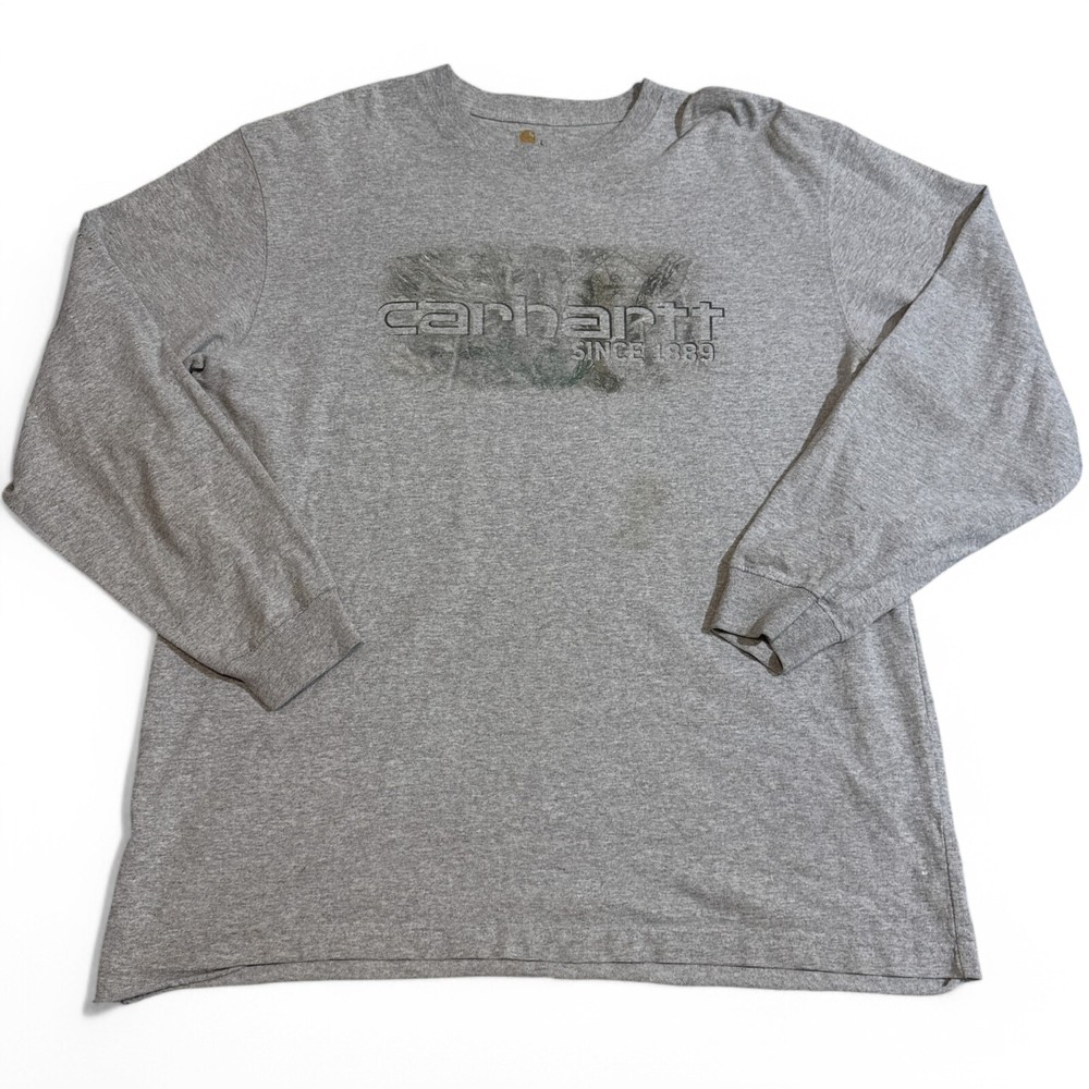 Carhartt Big Logo Tee Shirt Adult Size Large Gray Long Sleeve Crew Neck Outdoor