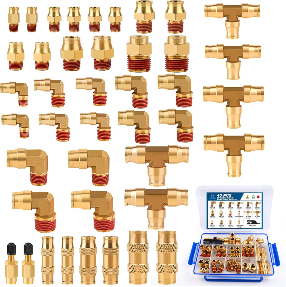 43Pcs Brass DOT Air Brake Line Fittings Assortment Air Hose Tube Repair Tool Kit
