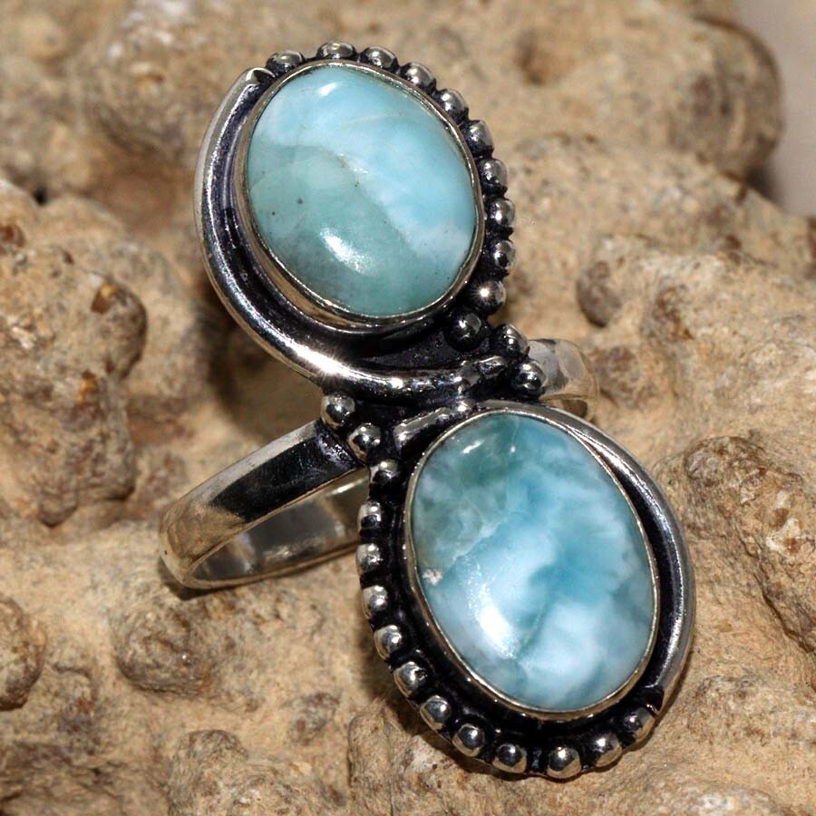 Elegant 925 Silver Plated Larimar Gemstone Ethnic Ring Size US 9.5 Jewelry
