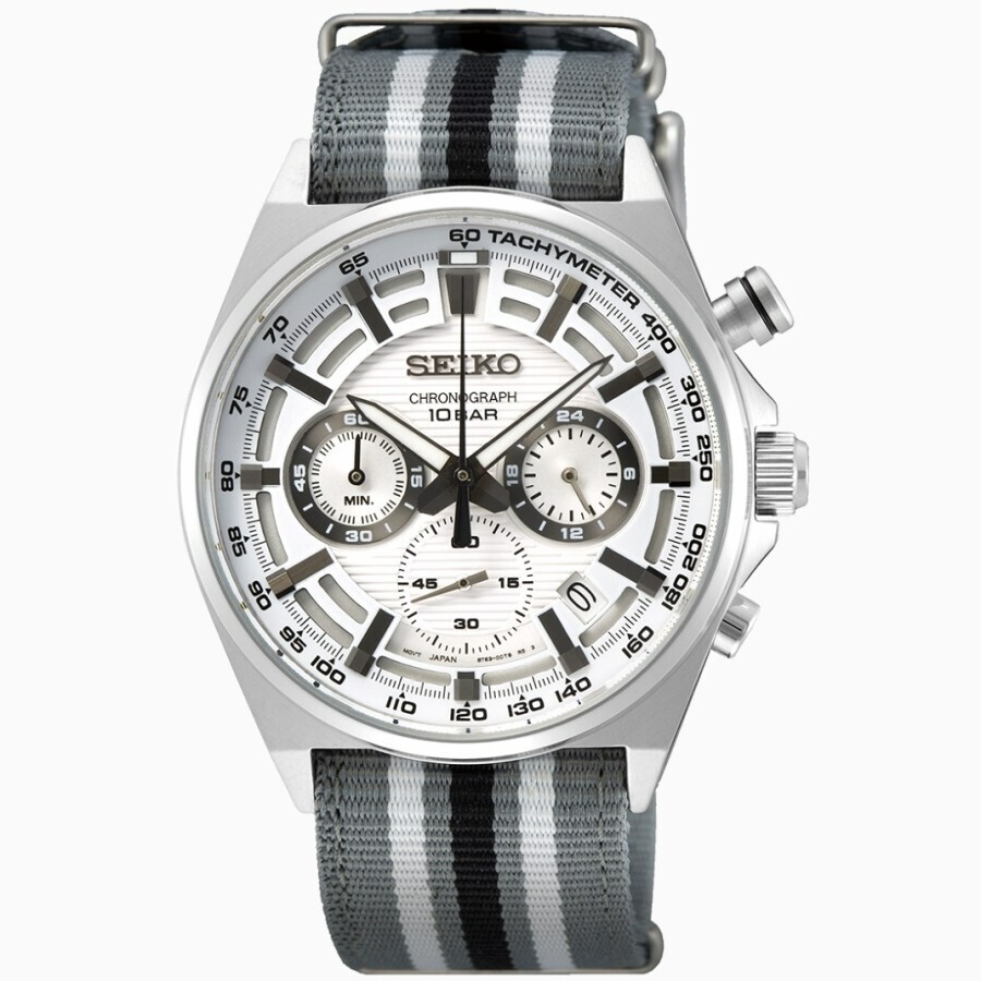 Seiko Chronograph SSB401P1 White Dial Nylon Strap Quartz Watch 10 Bar Water Resistant