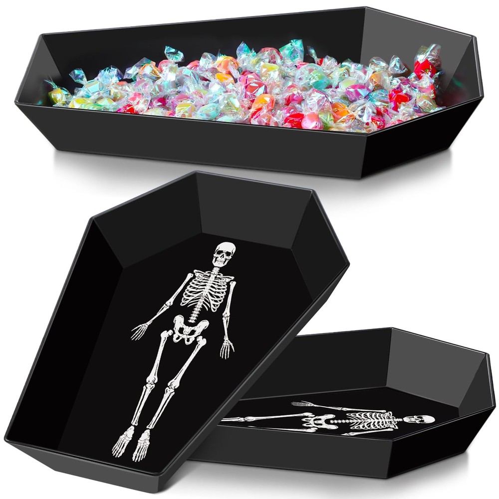 2 Halloween Plastic Coffin Candy Bowls Spooky Serving Trays for Treats