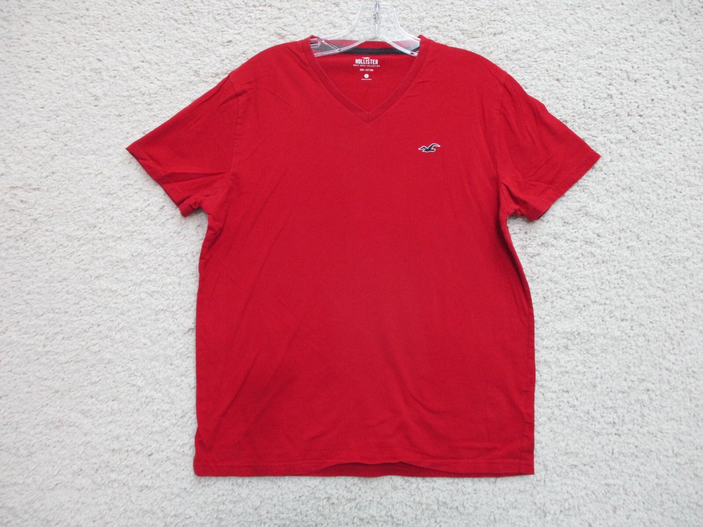 Hollister Shirt Medium Adult Red Casual Logo Surf V Neck Stretch Cotton Mens M