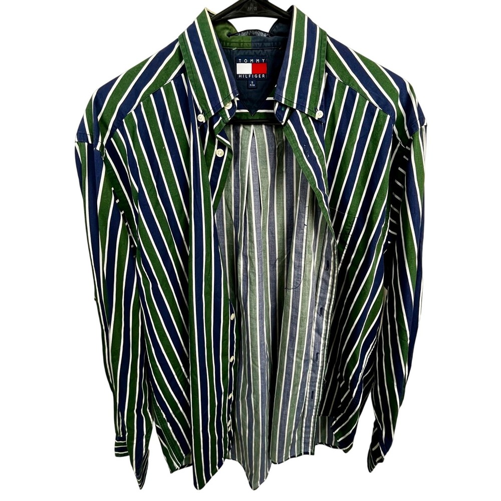 Vintage Tommy Hilfiger Striped Button Down Shirt Y2K 90s Green Blue White Size S