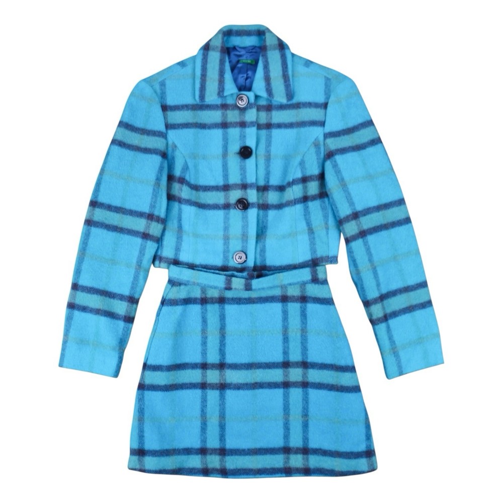 Vintage Benetton Mohair Blend Plaid Skirt Suit Set Italy Cropped Jacket 40
