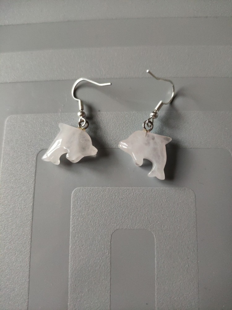 Rose Quartz Dolphin Pendant Earrings Silver Plated Fish Hooks