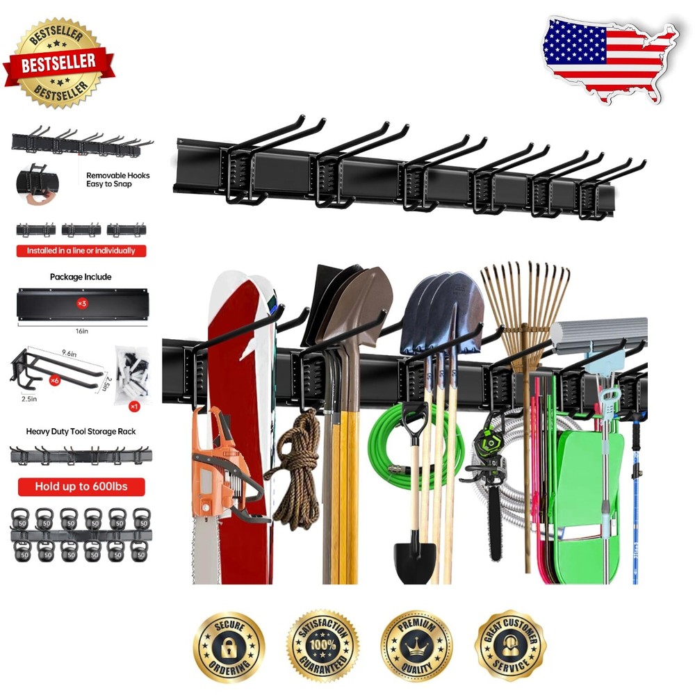 Adjustable Wall Mount Garage Organizer with 3 Racks & 6 Heavy-Duty Hooks