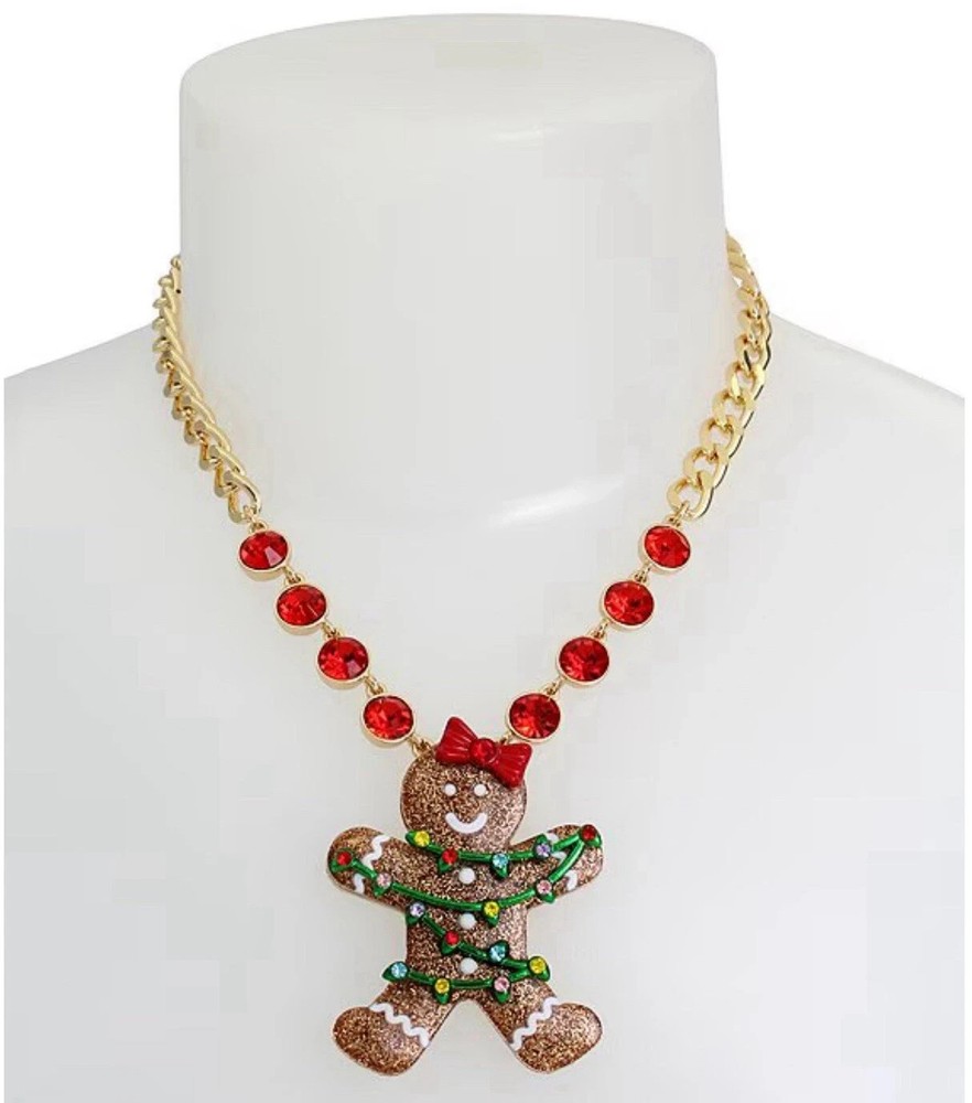 Betsey Johnson Jingle Bell Bling Christmas Gingerbread Short Pendant Necklace