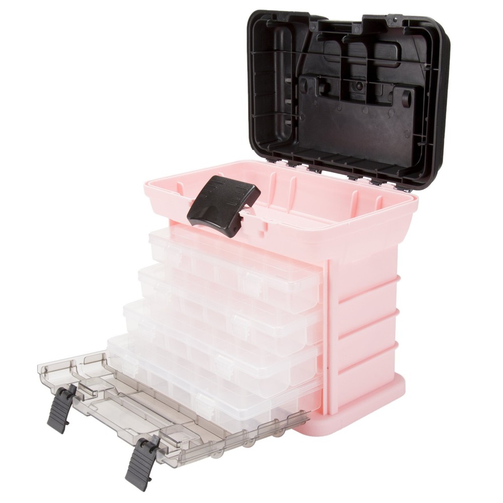 Pink Durable 4-Compartment Tool Box for Tackle and Hardware Organization