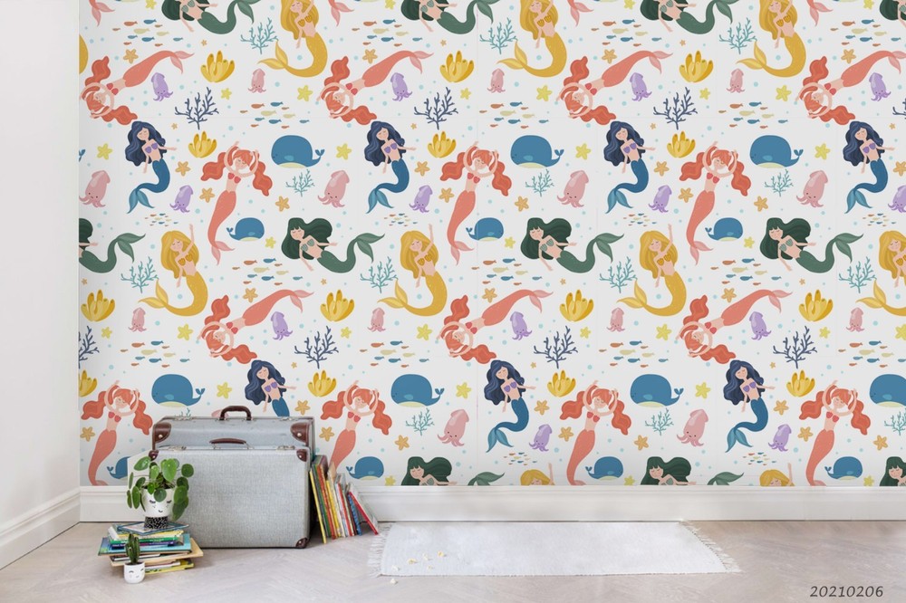 3D Mermaid Whale Coral Patterns Wall Murals Wallpaper Murals Wall Sticker