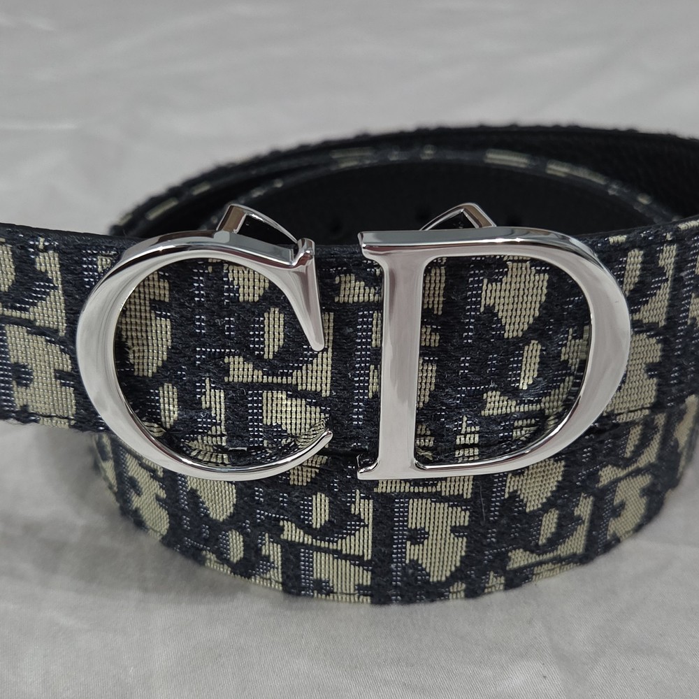 Reversible Dior Oblique Jacquard Belt Blue Beige Silver Buckle 110cm 38/40