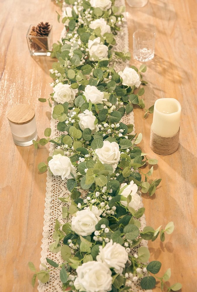 Anna's Whimsy 5.91FT Artificial Eucalyptus Garland with Flowers, Fake Rose Gy...