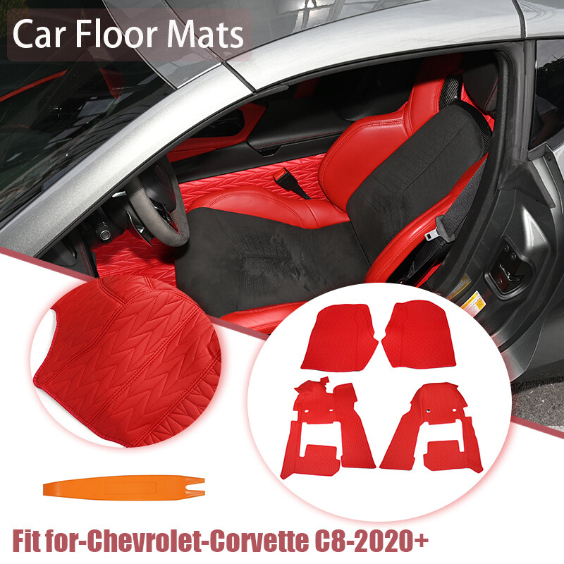 Red Floor Mat Floor Pad Carpet Leather Non-slip for Corvette C8 Coupe 2020-2024
