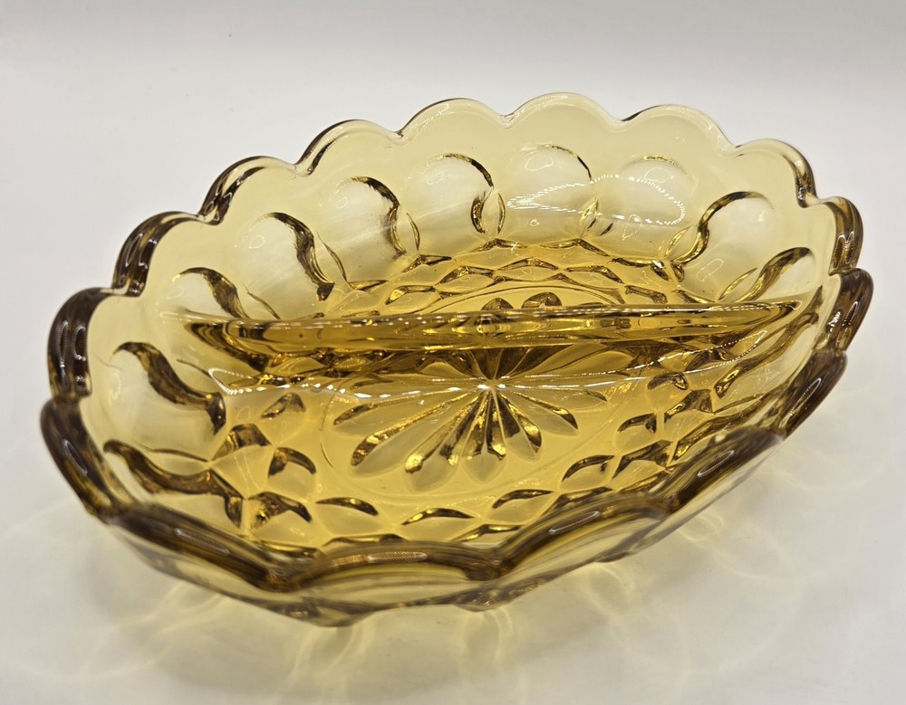 Vintage AMBER THUMBPRINT DIVIDED RELISH DISH Indiana Glass Oval 7