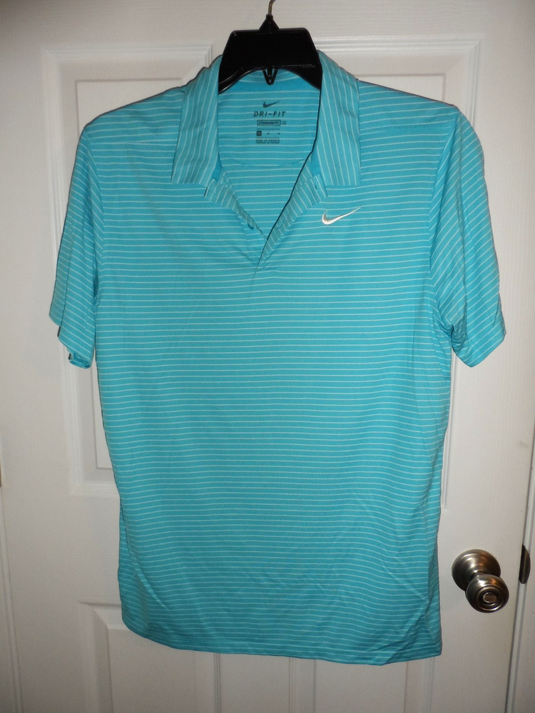 Nike Dri-FIT Men Stand. Fit Golf Performance Polo Shirt Turquoise White Stripe M