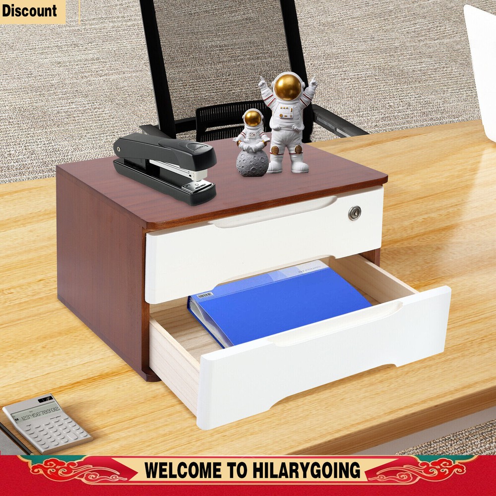 Desktop 2 Drawers Case+2keys 2-tier Wooden Desktop Storage Box With Lockable