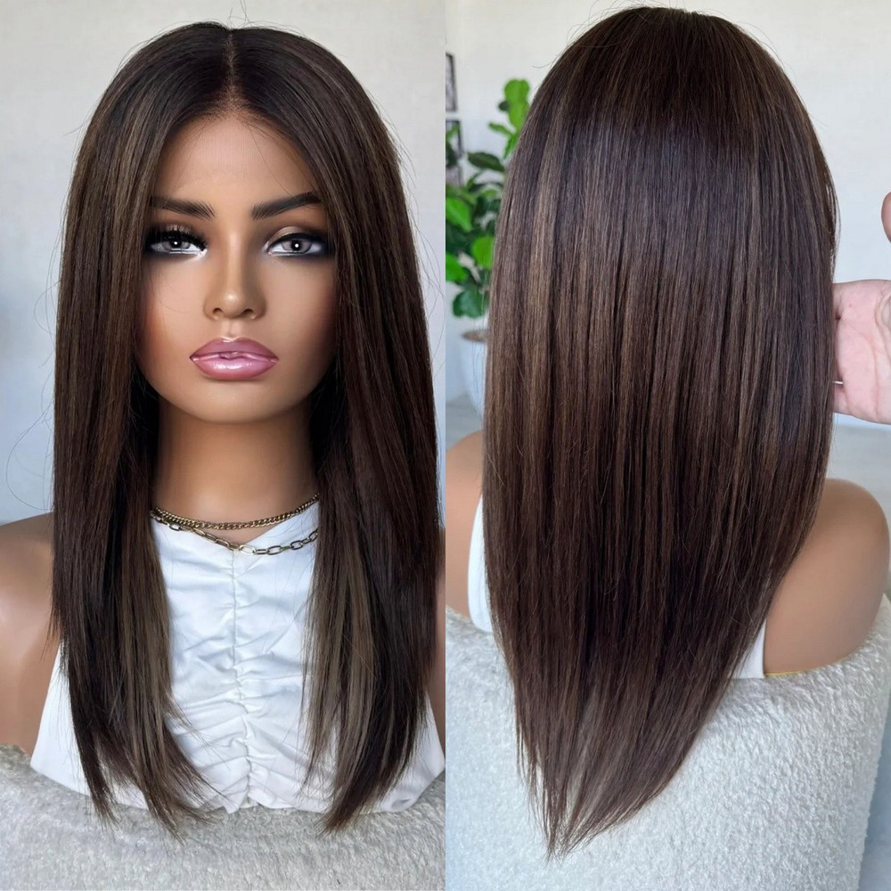 Layer Natural Straight Highlights Dark Brown 13x4 Lace Front Human Hair Wigs