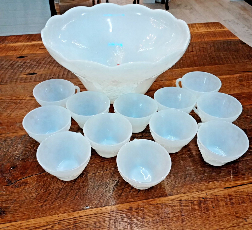 Anchor Hocking Milk Glass Harvest Grape Punch Bowl Set with 12 Cups