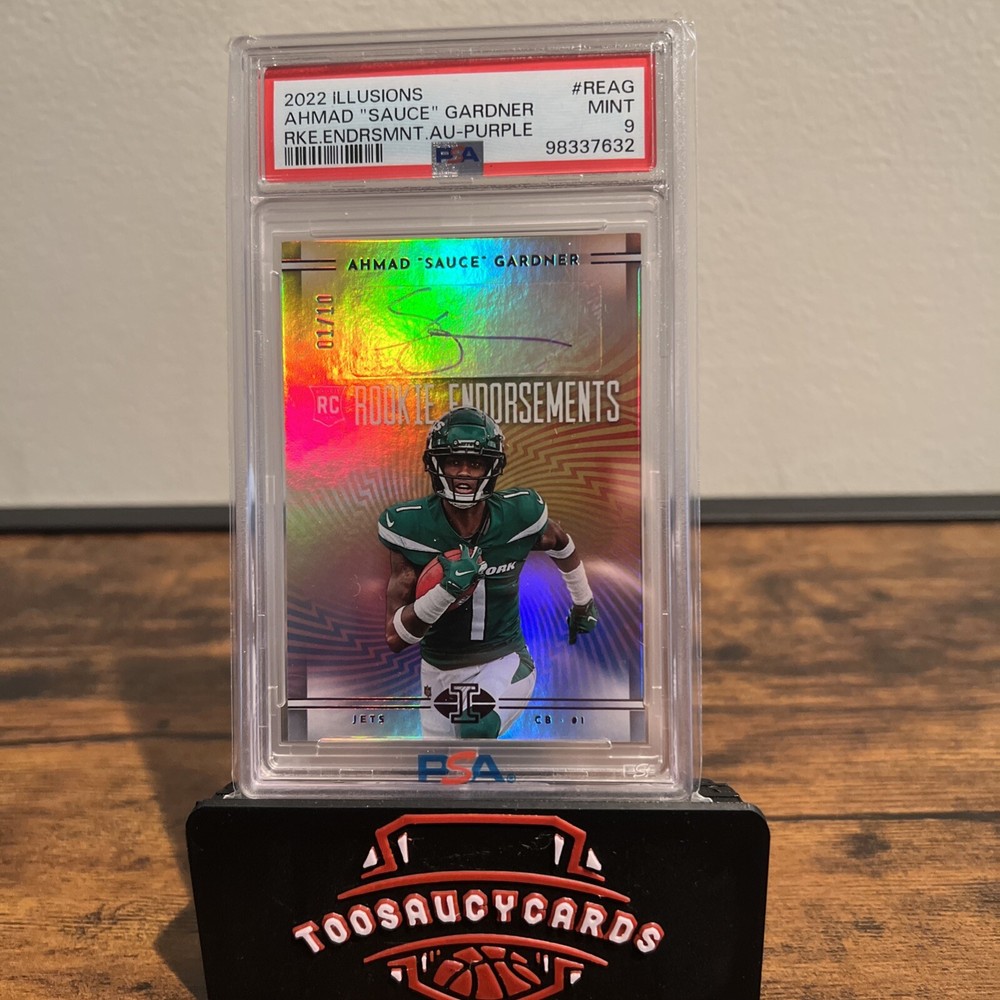 2022 Illusions Ahmad Sauce Gardner Purple Rookie Auto RC 1/10 PSA 9 Jersey Match