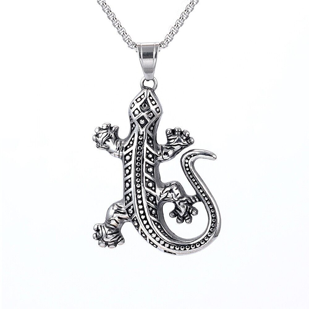 Punk Design Stainless Steel Crawling Lizard Pendant Necklace Box Chain Jewelry