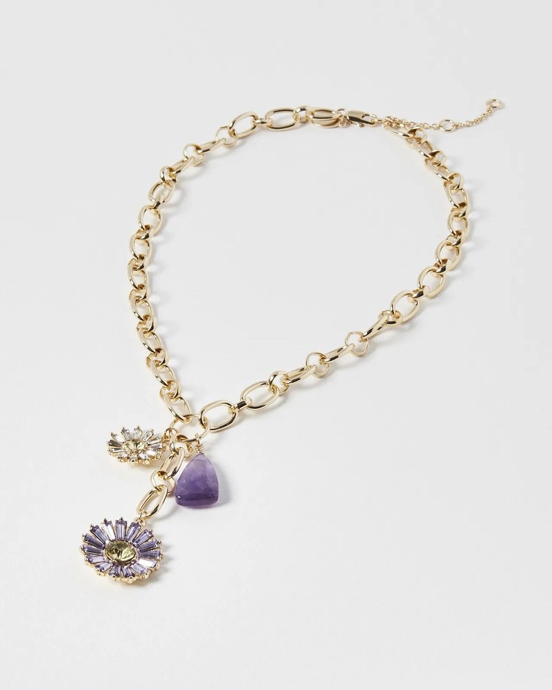 Oliver Bonas Astrid Purple Flower Charm Long Necklace - BNWT