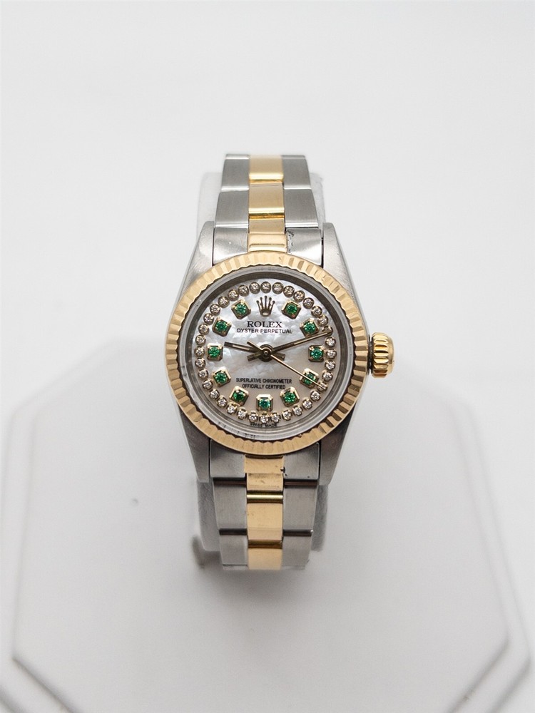 $10K Rolex Oyster Perpetual Emerald Diamond 18K Yellow Gold SS Ladies Watch WTY