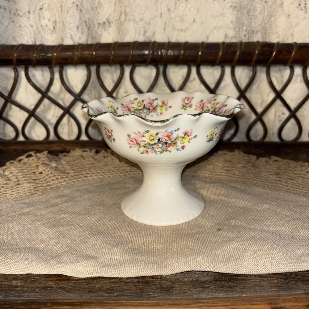 vintage porcelain floral pedestal dish, With Gold Trim