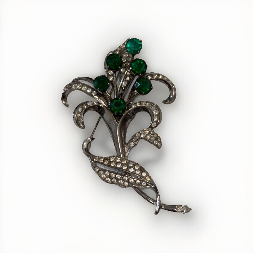 RARE Art Deco Antique Green Glass Rhinestone Flower STERLING Pin Brooch 23.22g