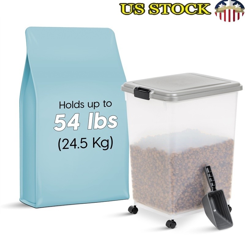 Airtight Pet Food Container 54L Dog Cat Food Storage Bin W/ Scoop Wheeled New